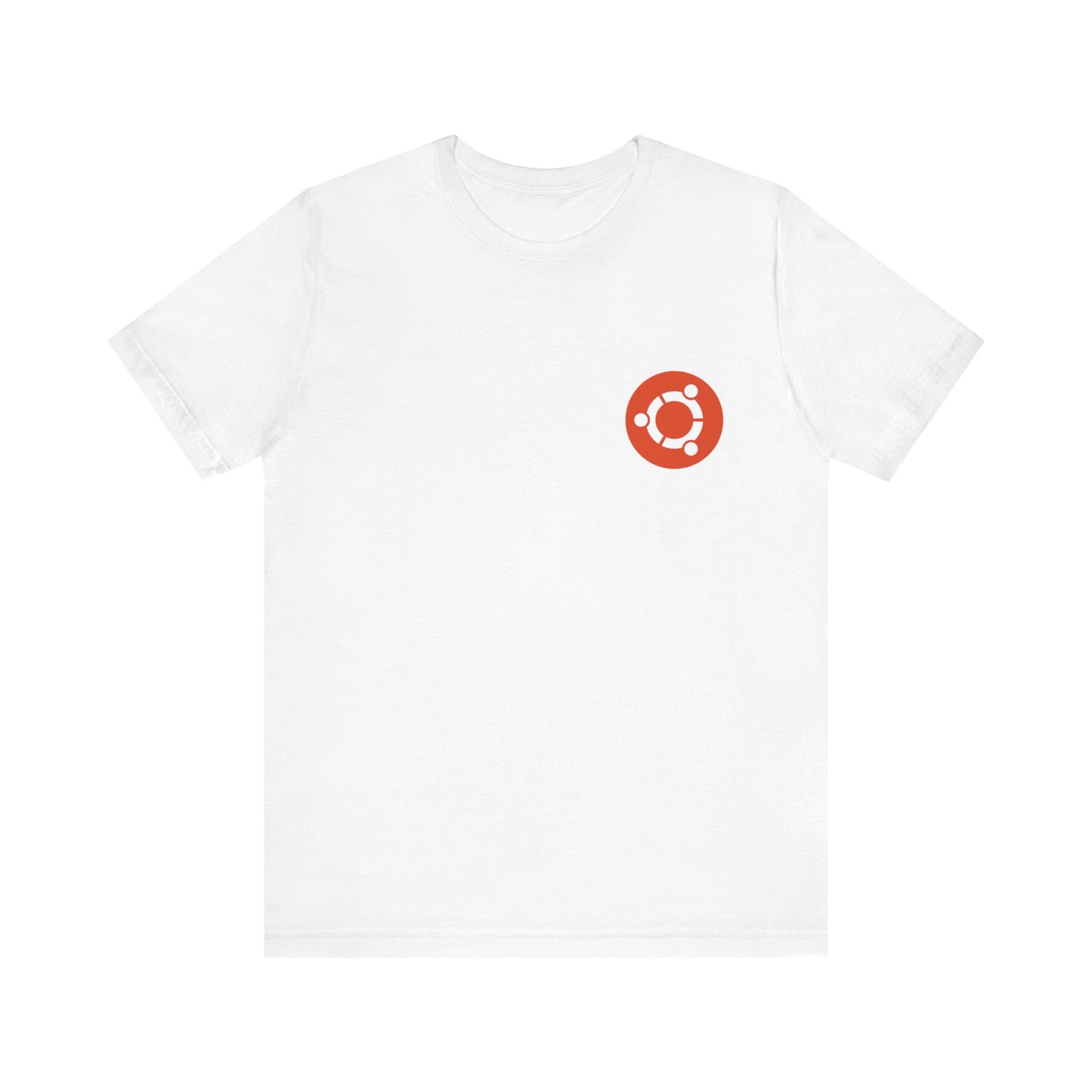 White t-shirt with a red and black logo on a white background