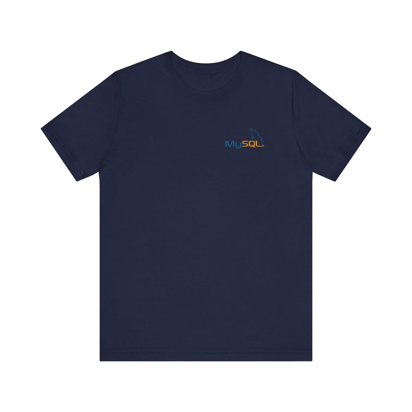 Navy blue t-shirt with MySQL logo on a white background
