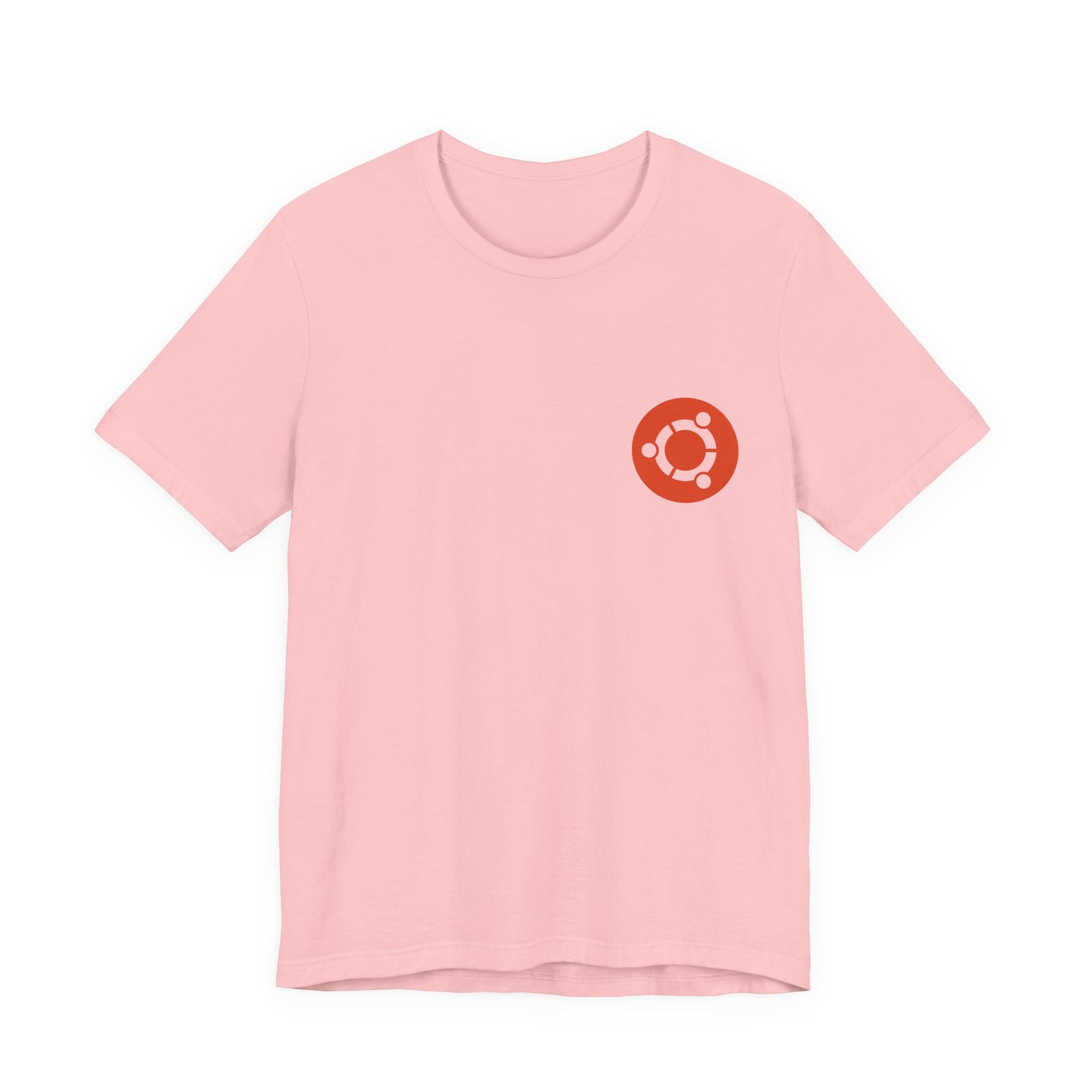 Pink t-shirt with a red Ubuntu logo on a white background