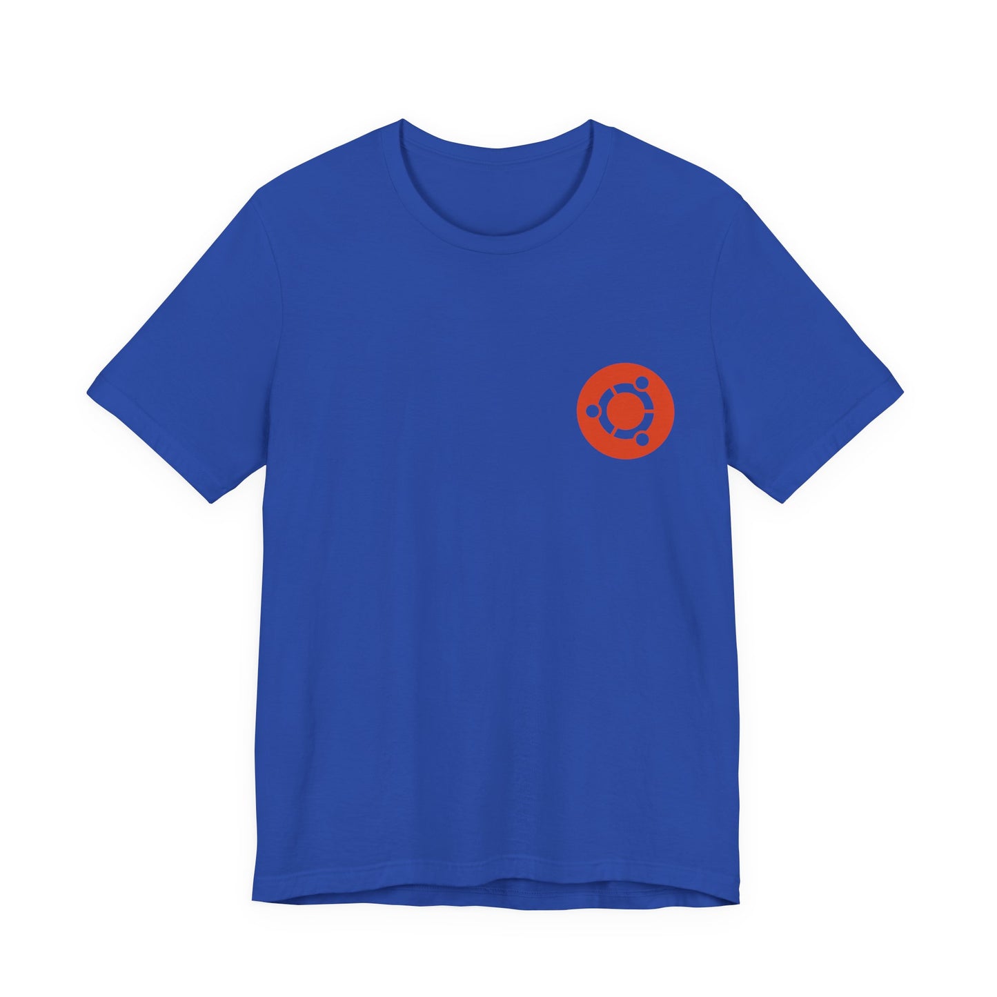 Blue t-shirt with a red logo on a white background
