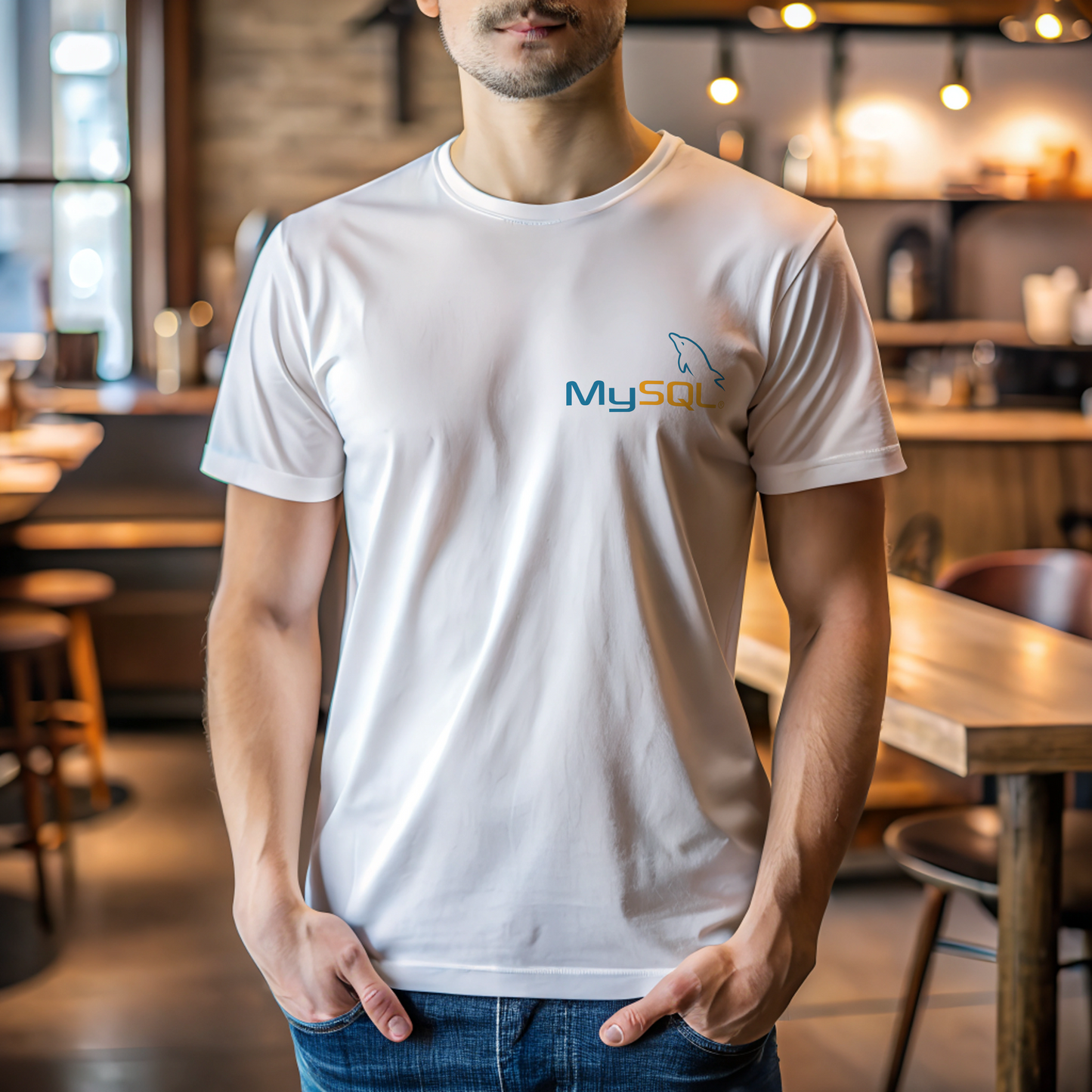 Person wearing a white t-shirt with a MySQL logo in a casual setting