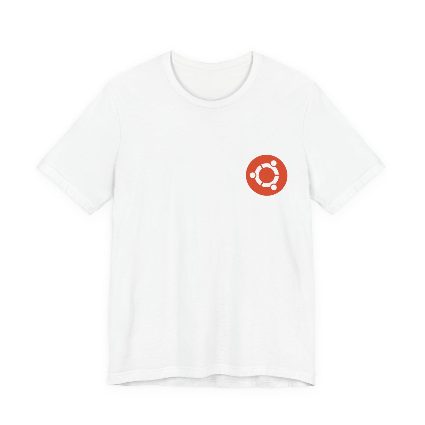 White t-shirt with a red Ubuntu logo on a white background