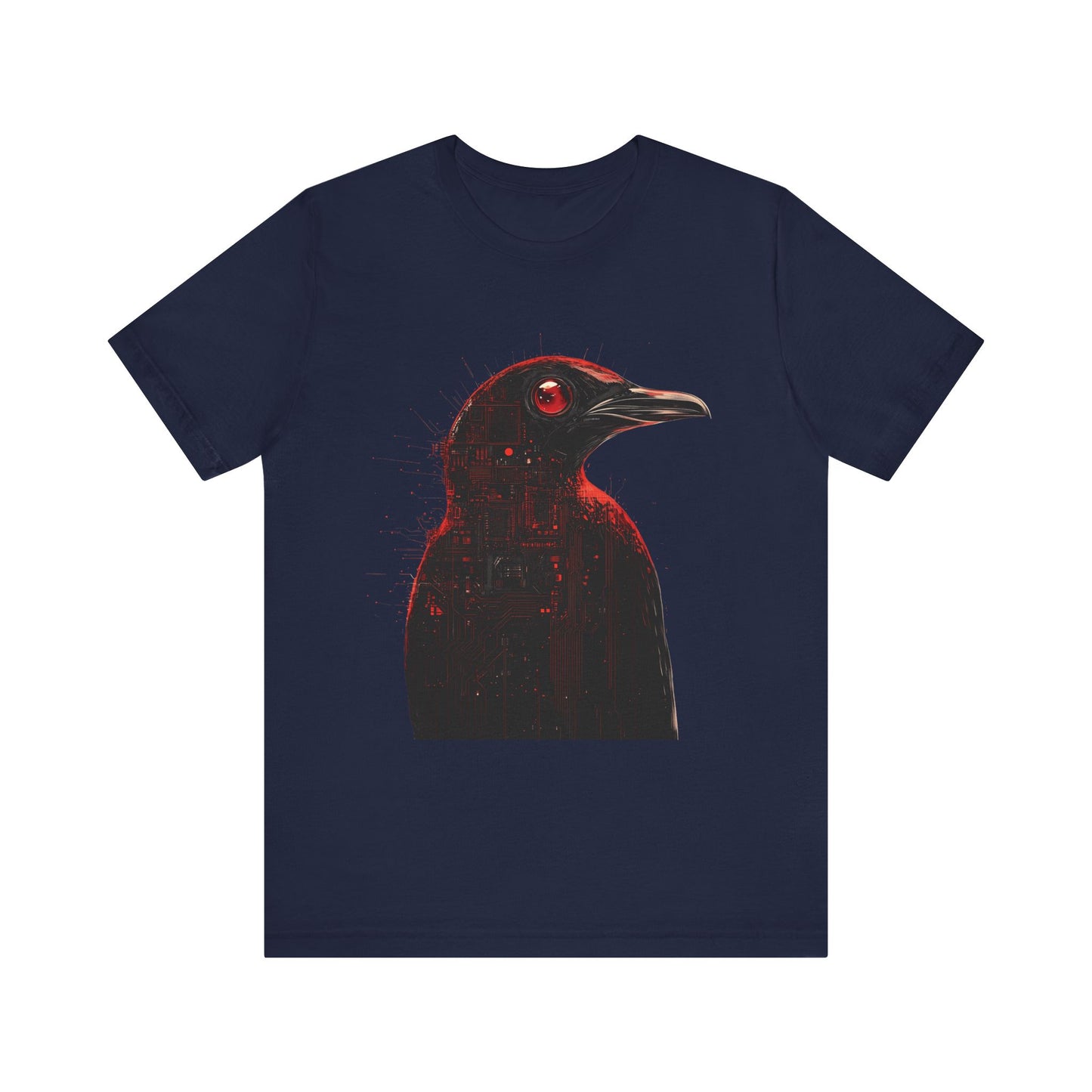 A black T-shirt featuring a graphic print of an angry penguin with red and black colors on the front.