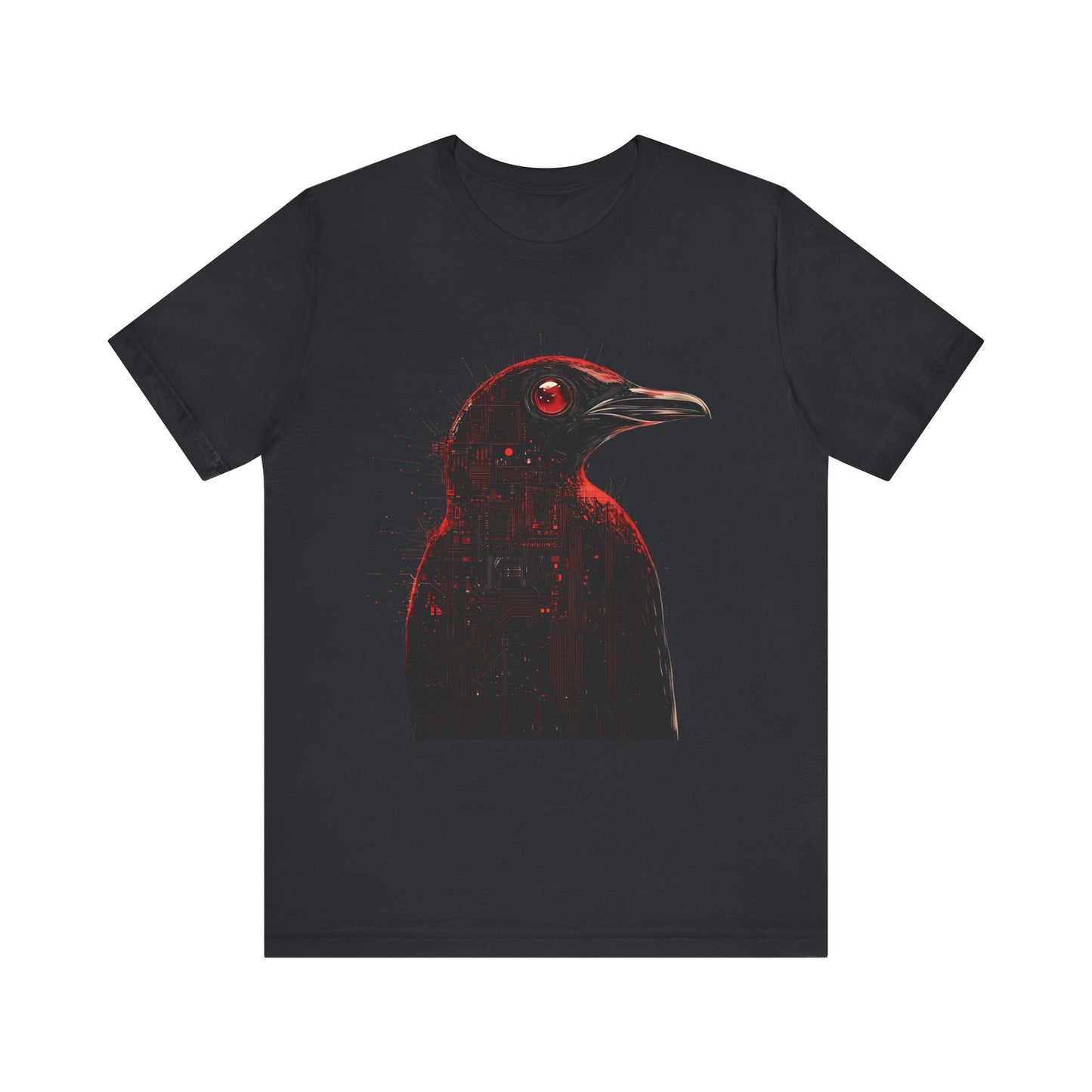 A black T-shirt featuring a graphic print of an angry penguin with red and black colors on the front.