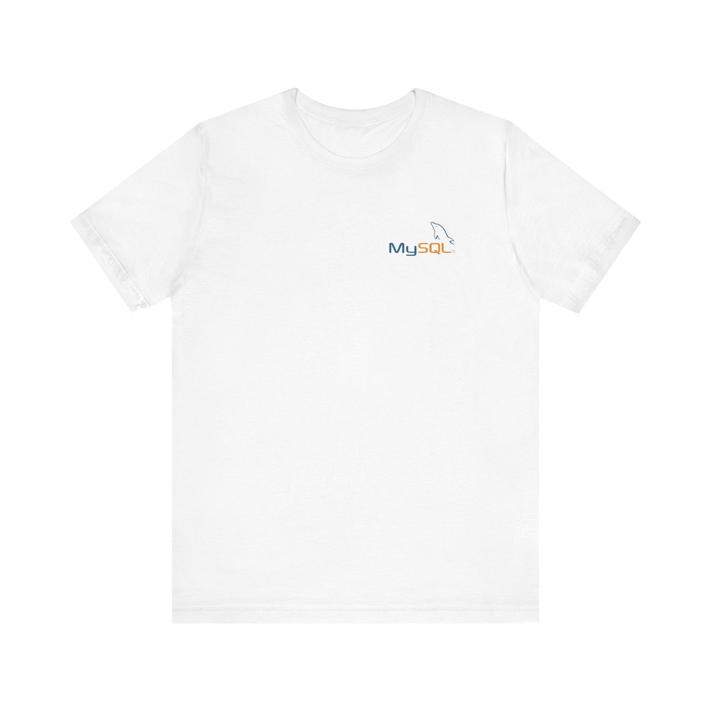 White t-shirt with MySQL logo on a white background