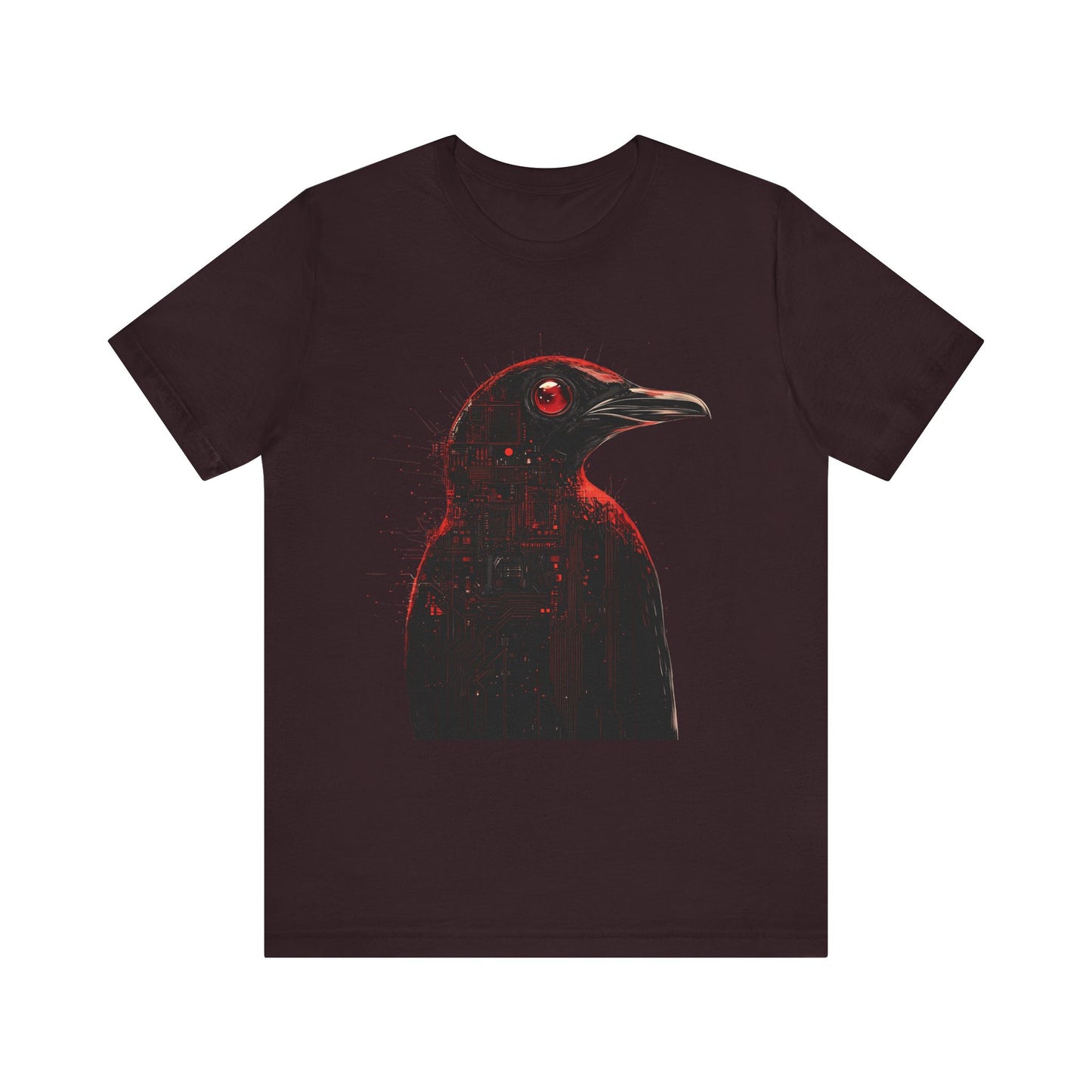 A black T-shirt featuring a graphic print of an angry penguin with red and black colors on the front.