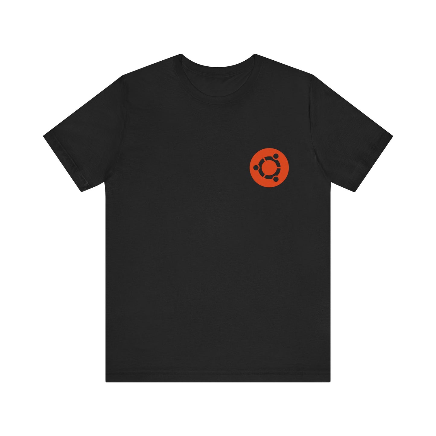 Black t-shirt with an orange logo on a white background