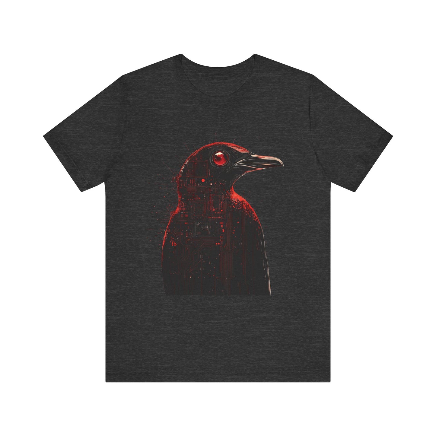 A black T-shirt featuring a graphic print of an angry penguin with red and black colors on the front.