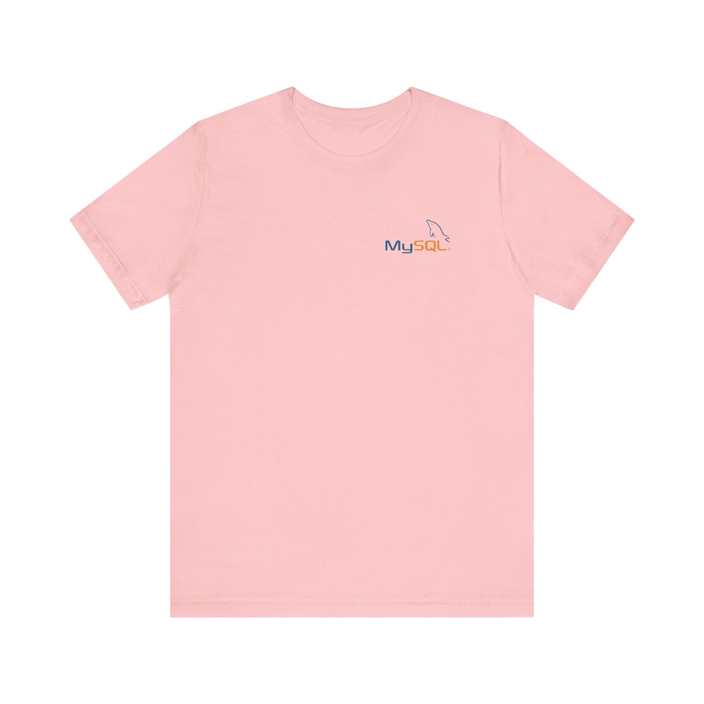 Pink t-shirt with a logo on the chest against a white background