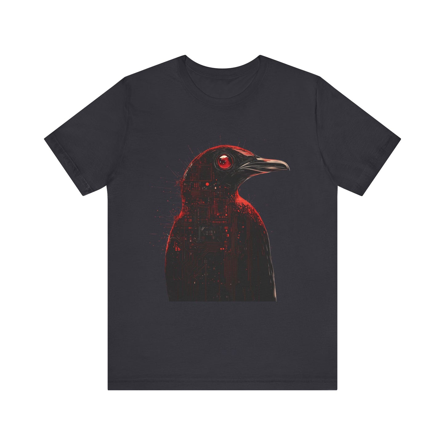 A black T-shirt featuring a graphic print of an angry penguin with red and black colors on the front.