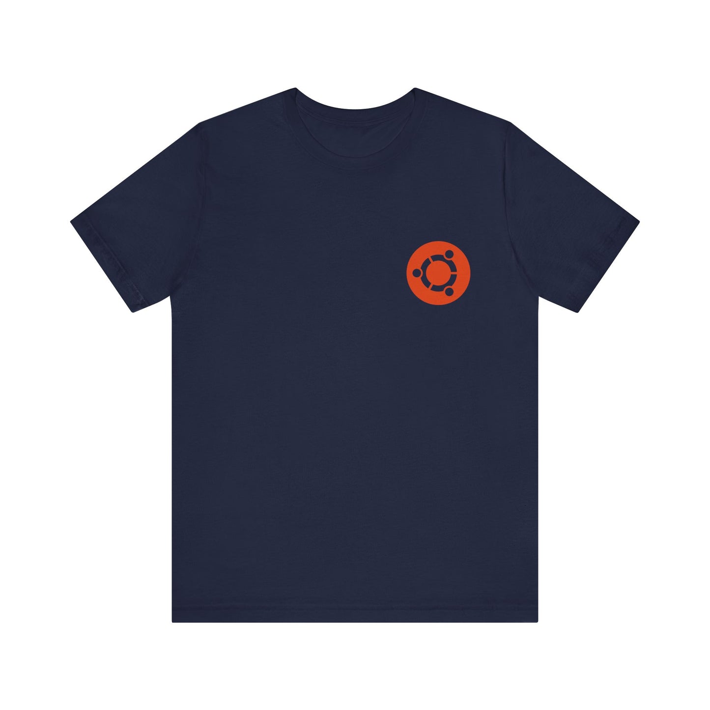 Navy blue t-shirt with a red logo on a white background