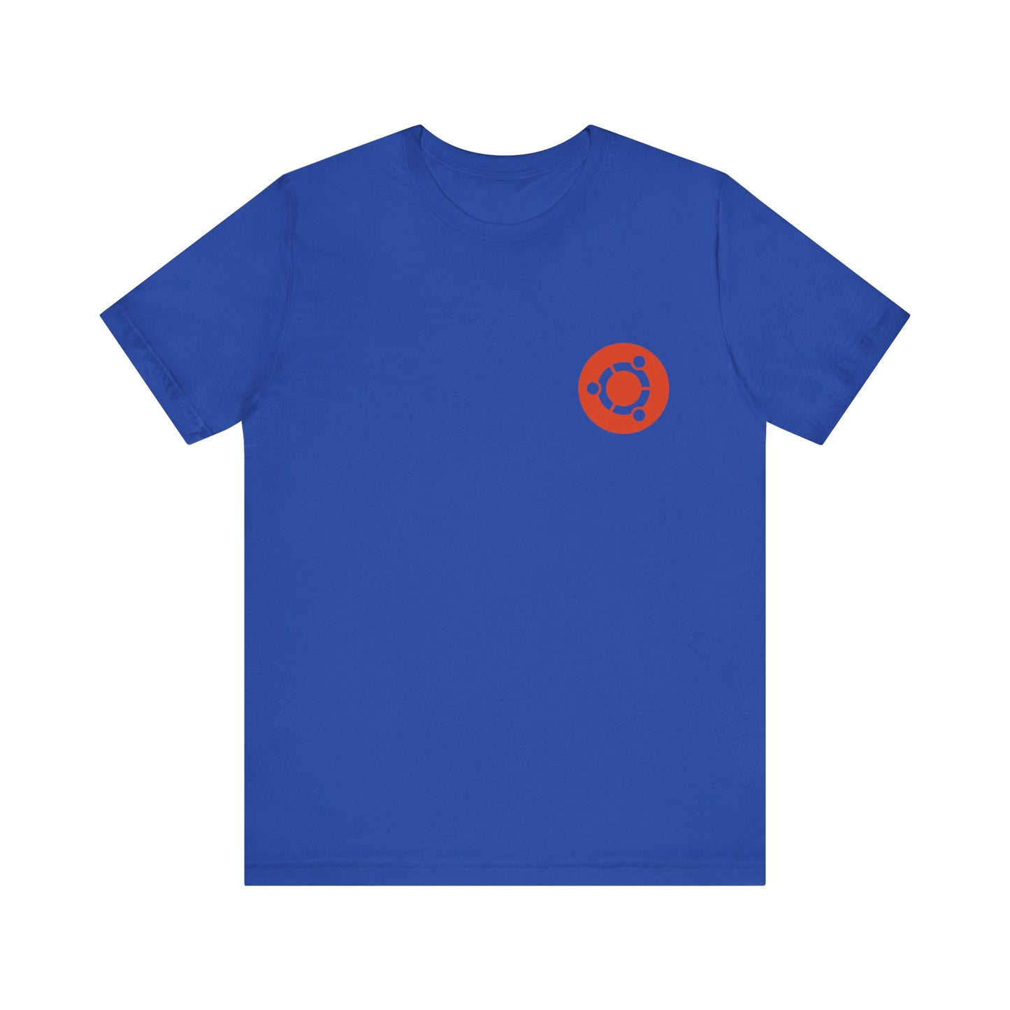 Blue t-shirt with a red logo on a white background