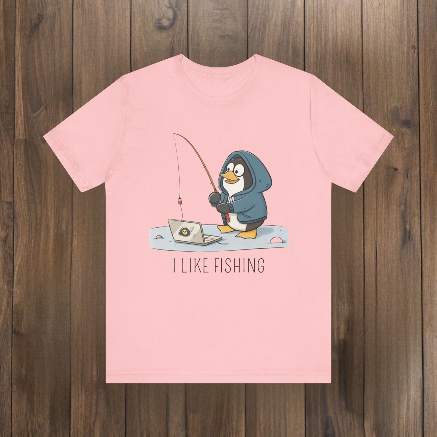 Funny Penguin Tux Fishing Unisex Tee, Short Sleeve T-Shirt, Gift for Techies, Animal Lover Top, Cute Bird Graphic Shirt