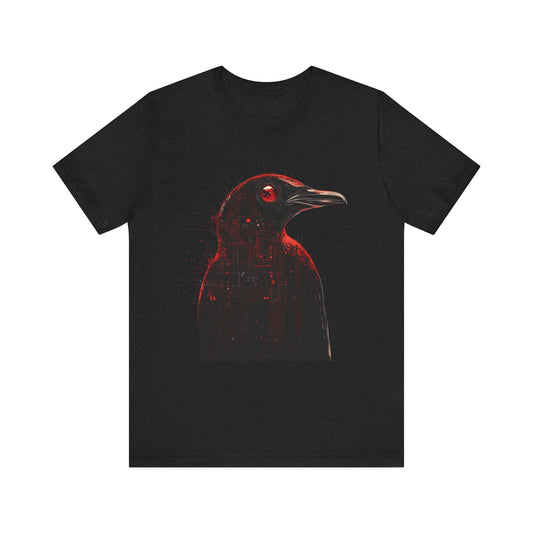A black T-shirt featuring a graphic print of an angry penguin with red and black colors on the front.
