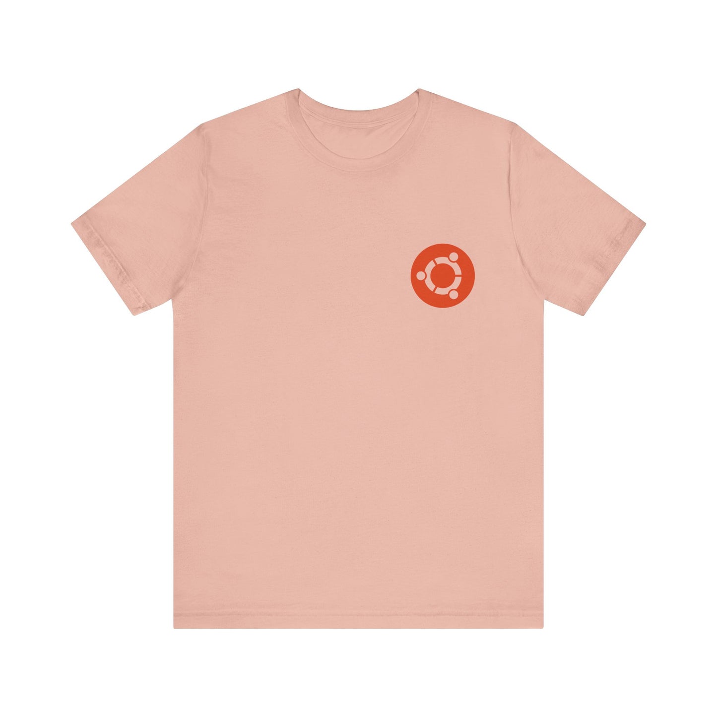 Pink t-shirt with a red logo on a white background