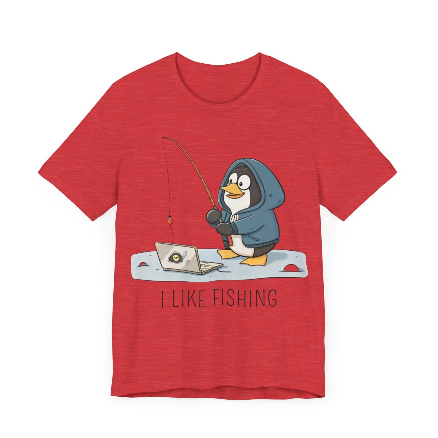 Funny Penguin Tux Fishing Unisex Tee, Short Sleeve T-Shirt, Gift for Techies, Animal Lover Top, Cute Bird Graphic Shirt