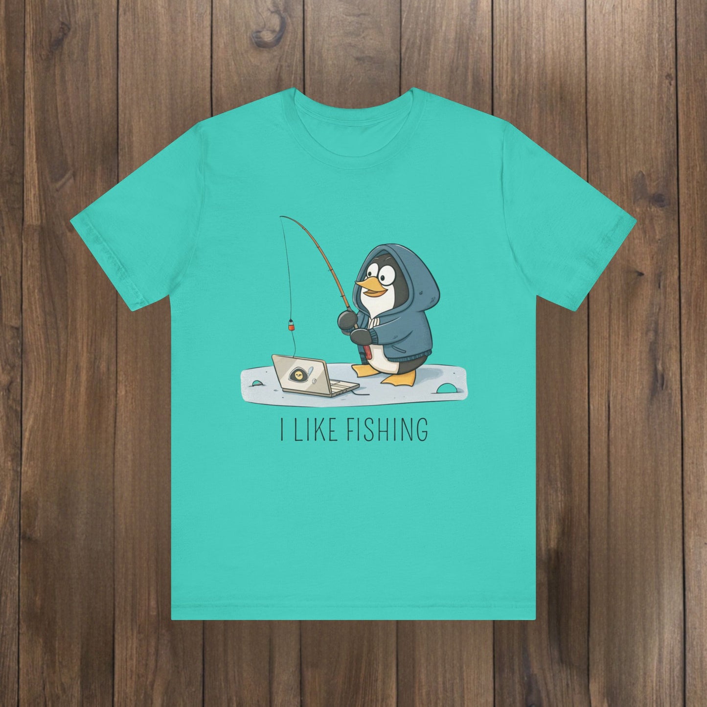 Funny Penguin Tux Fishing Unisex Tee, Short Sleeve T-Shirt, Gift for Techies, Animal Lover Top, Cute Bird Graphic Shirt