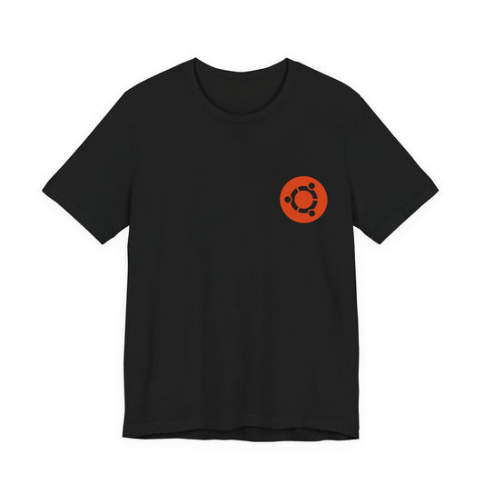 Black t-shirt with a red Ubuntu logo on a white background