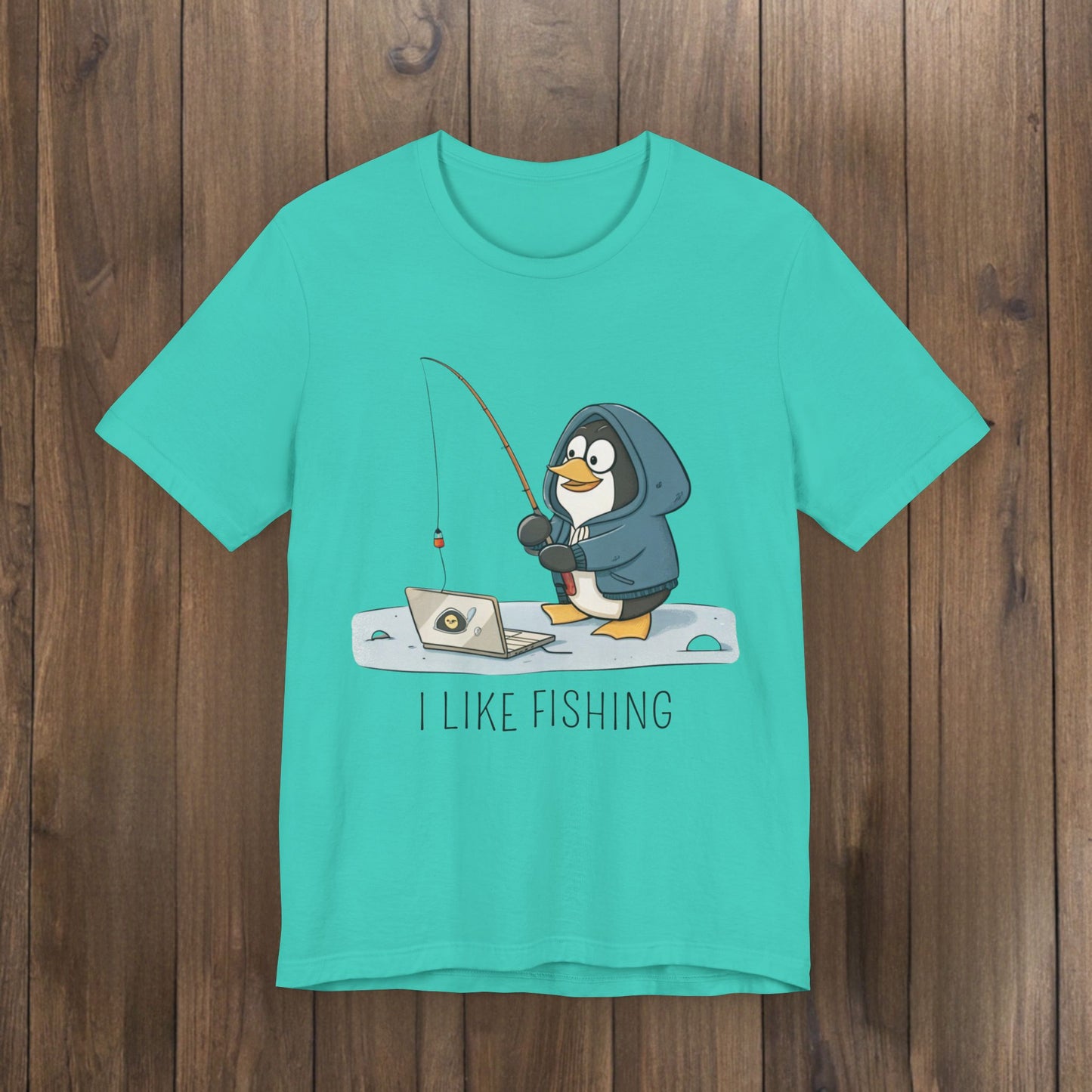 Funny Penguin Tux Fishing Unisex Tee, Short Sleeve T-Shirt, Gift for Techies, Animal Lover Top, Cute Bird Graphic Shirt