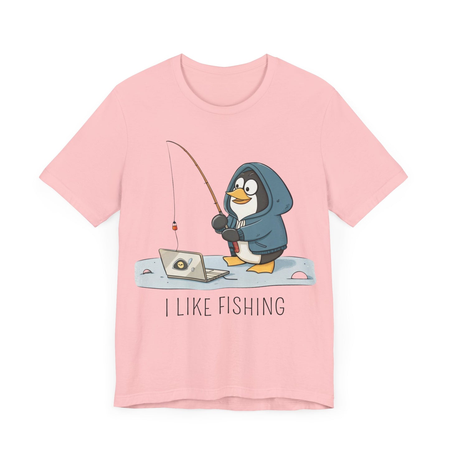 Funny Penguin Tux Fishing Unisex Tee, Short Sleeve T-Shirt, Gift for Techies, Animal Lover Top, Cute Bird Graphic Shirt