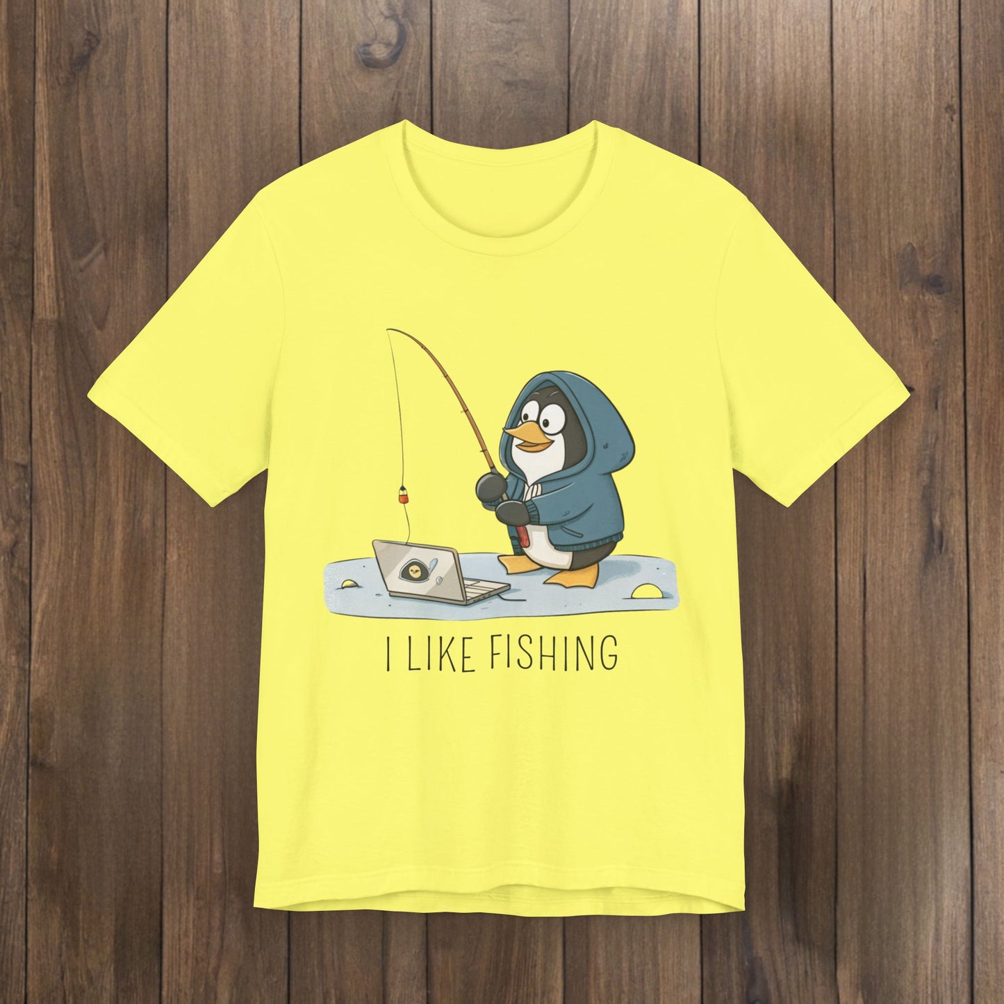 Funny Penguin Tux Fishing Unisex Tee, Short Sleeve T-Shirt, Gift for Techies, Animal Lover Top, Cute Bird Graphic Shirt