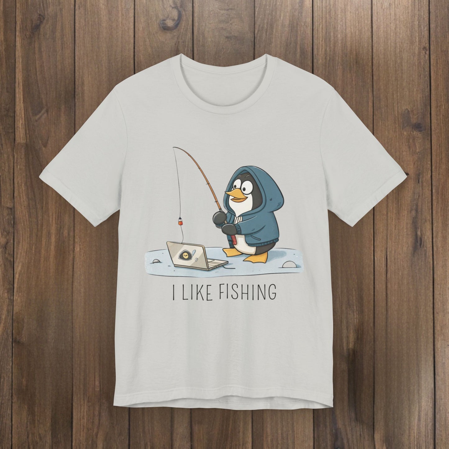 Funny Penguin Tux Fishing Unisex Tee, Short Sleeve T-Shirt, Gift for Techies, Animal Lover Top, Cute Bird Graphic Shirt