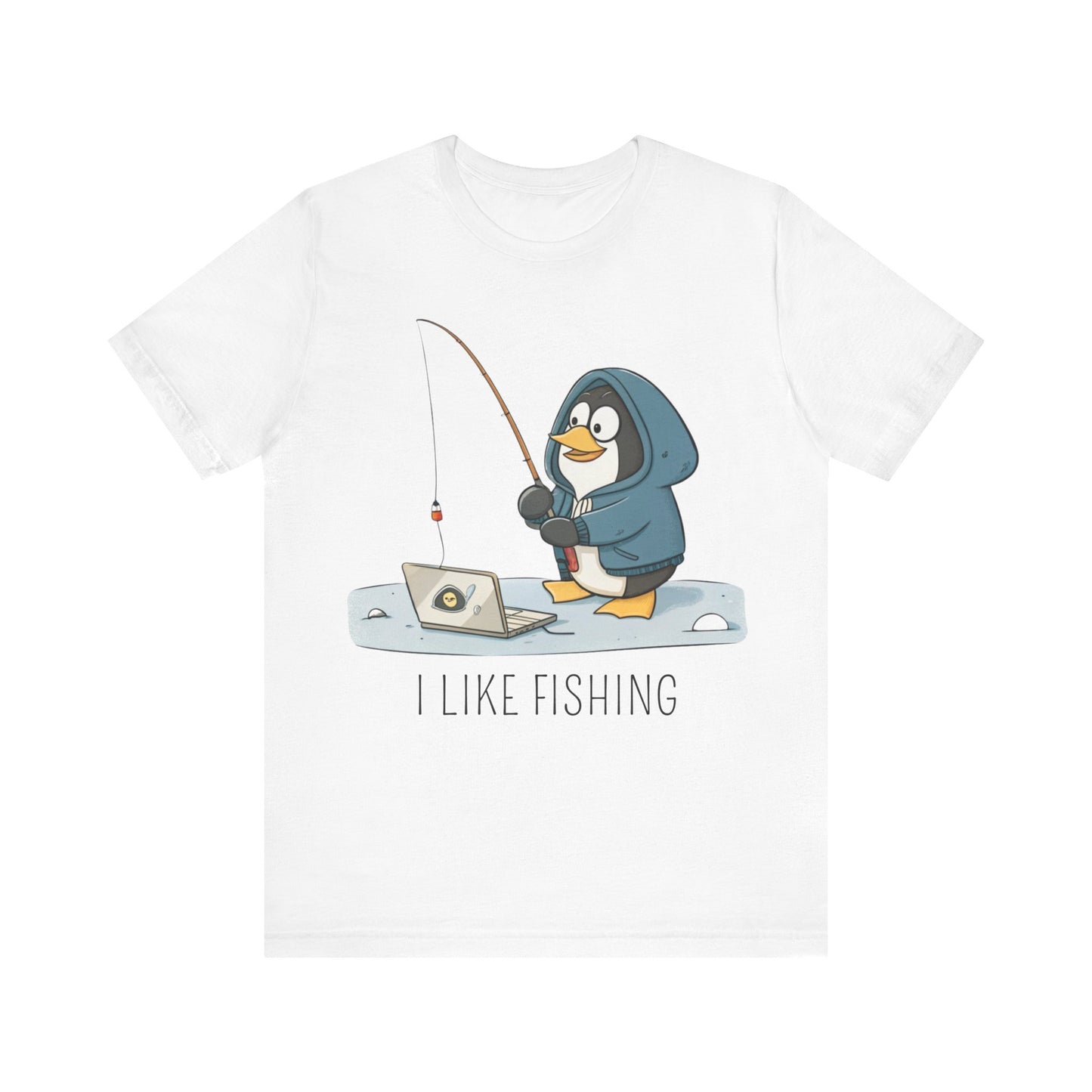 Funny Penguin Tux Fishing Unisex Tee, Short Sleeve T-Shirt, Gift for Techies, Animal Lover Top, Cute Bird Graphic Shirt