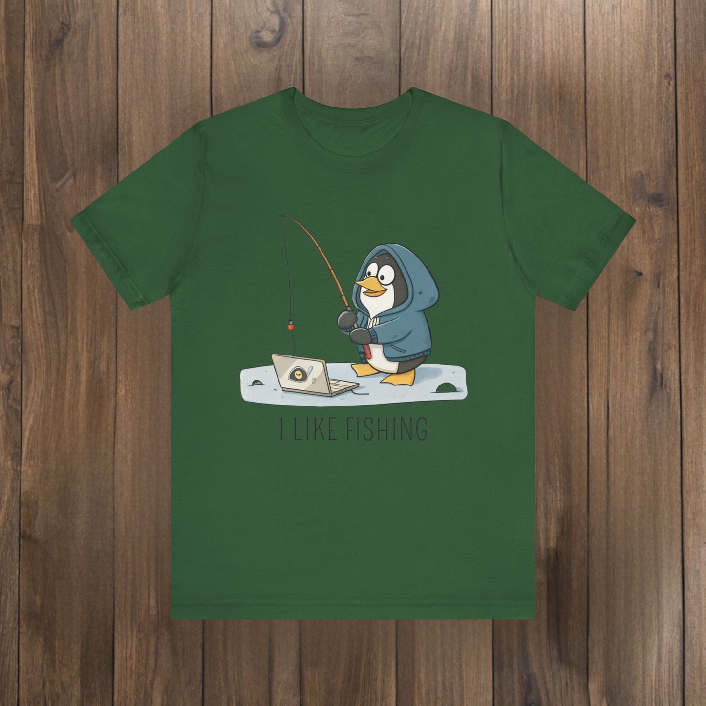 Funny Penguin Tux Fishing Unisex Tee, Short Sleeve T-Shirt, Gift for Techies, Animal Lover Top, Cute Bird Graphic Shirt