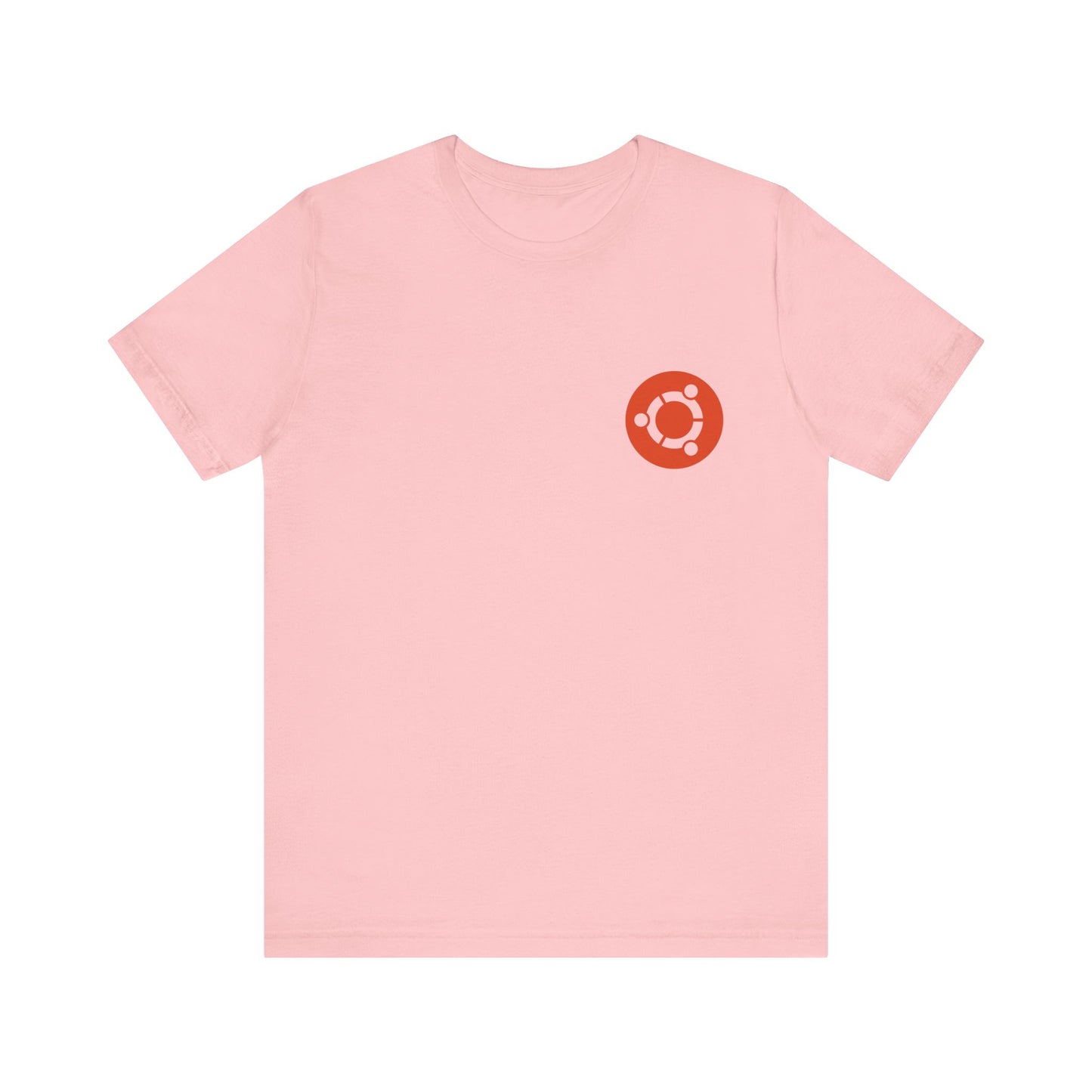 Pink t-shirt with a red logo on a white background