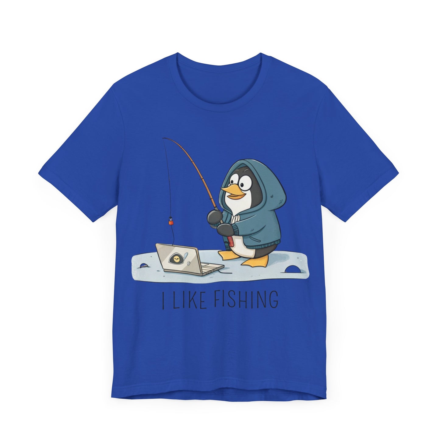 Funny Penguin Tux Fishing Unisex Tee, Short Sleeve T-Shirt, Gift for Techies, Animal Lover Top, Cute Bird Graphic Shirt