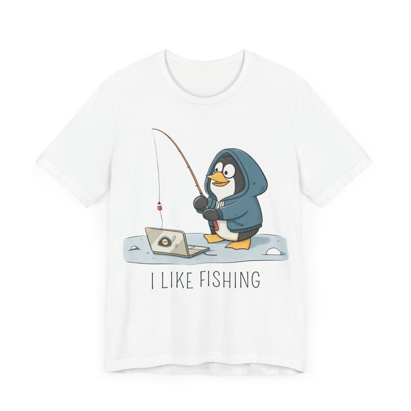 Funny Penguin Tux Fishing Unisex Tee, Short Sleeve T-Shirt, Gift for Techies, Animal Lover Top, Cute Bird Graphic Shirt