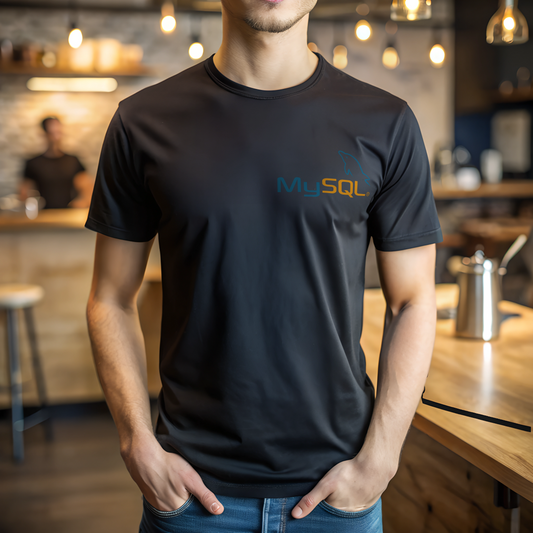 Person wearing a black t-shirt with a MySQL logo in a casual setting.