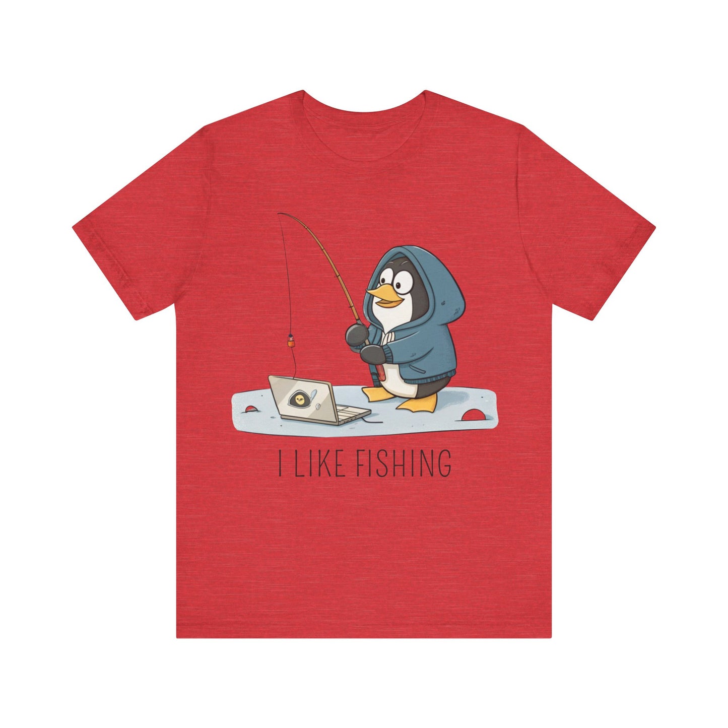 Funny Penguin Tux Fishing Unisex Tee, Short Sleeve T-Shirt, Gift for Techies, Animal Lover Top, Cute Bird Graphic Shirt