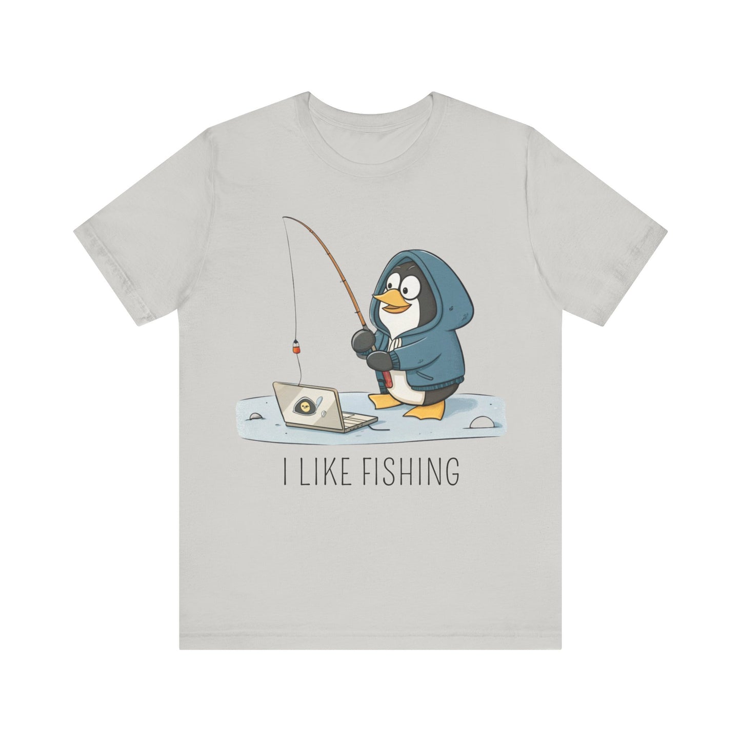 Funny Penguin Tux Fishing Unisex Tee, Short Sleeve T-Shirt, Gift for Techies, Animal Lover Top, Cute Bird Graphic Shirt