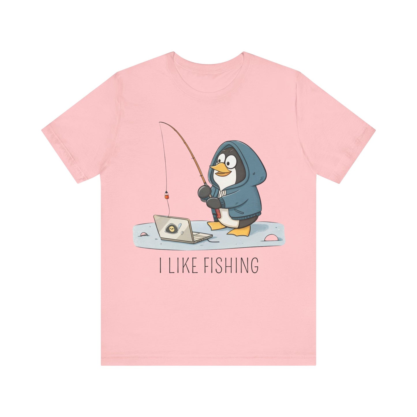 Funny Penguin Tux Fishing Unisex Tee, Short Sleeve T-Shirt, Gift for Techies, Animal Lover Top, Cute Bird Graphic Shirt