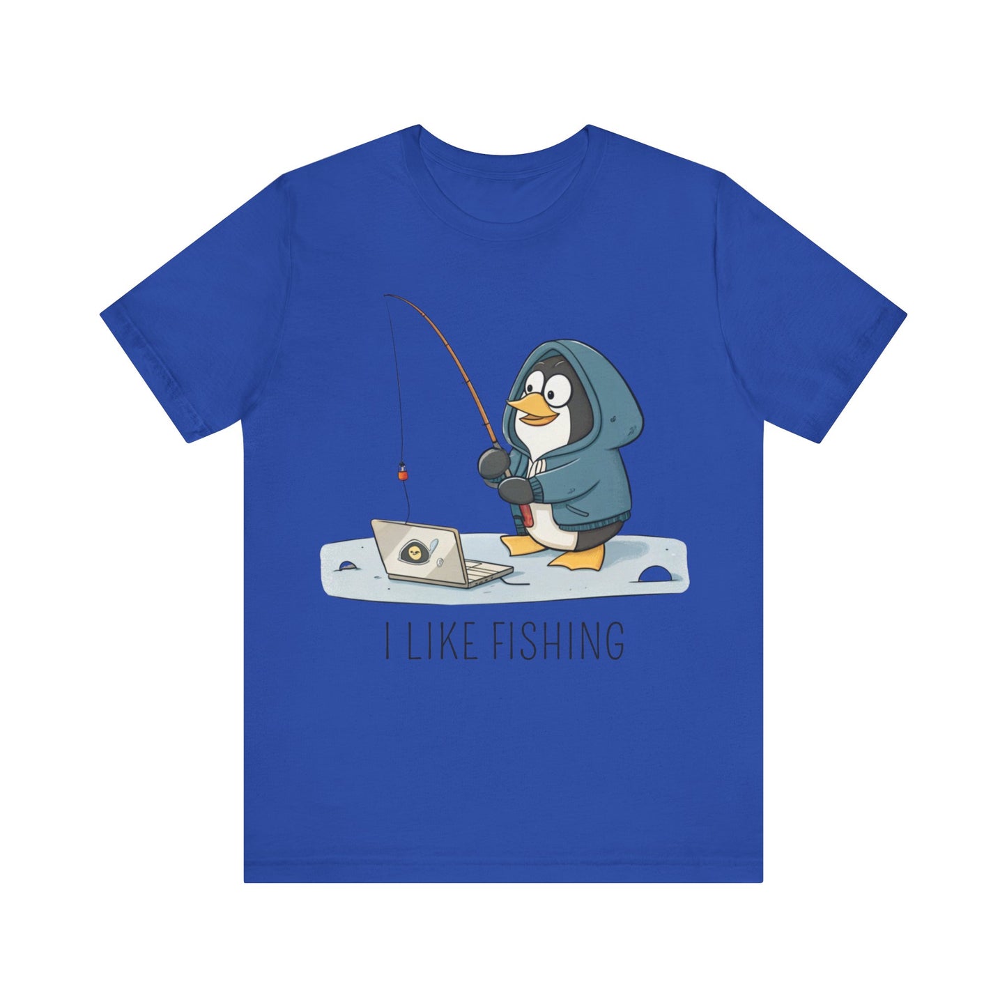 Funny Penguin Tux Fishing Unisex Tee, Short Sleeve T-Shirt, Gift for Techies, Animal Lover Top, Cute Bird Graphic Shirt