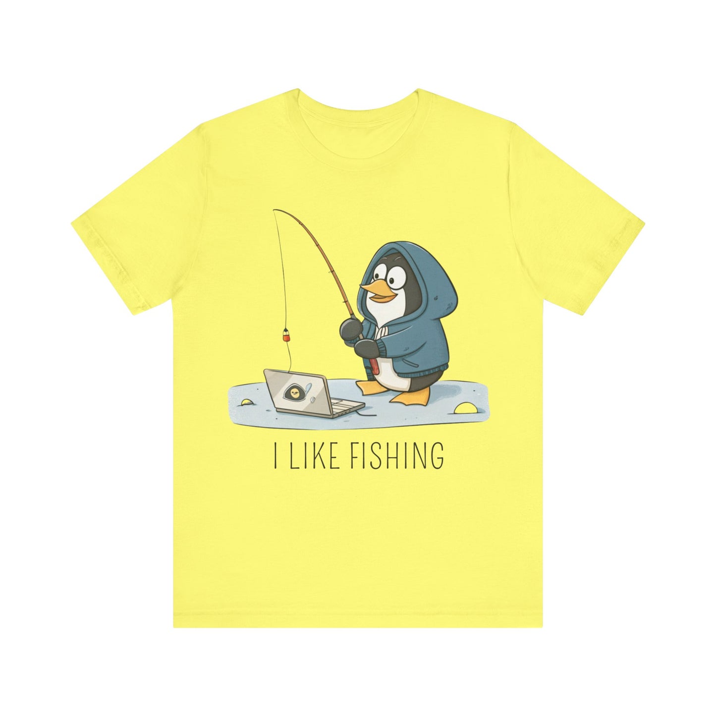 Funny Penguin Tux Fishing Unisex Tee, Short Sleeve T-Shirt, Gift for Techies, Animal Lover Top, Cute Bird Graphic Shirt