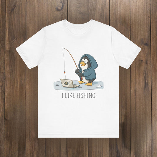 Funny Penguin Tux Fishing Unisex Tee, Short Sleeve T-Shirt, Gift for Techies, Animal Lover Top, Cute Bird Graphic Shirt