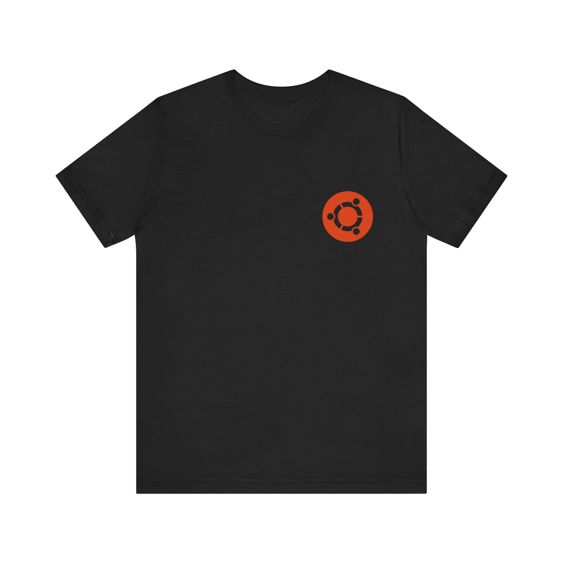 Black t-shirt with an orange logo on a white background