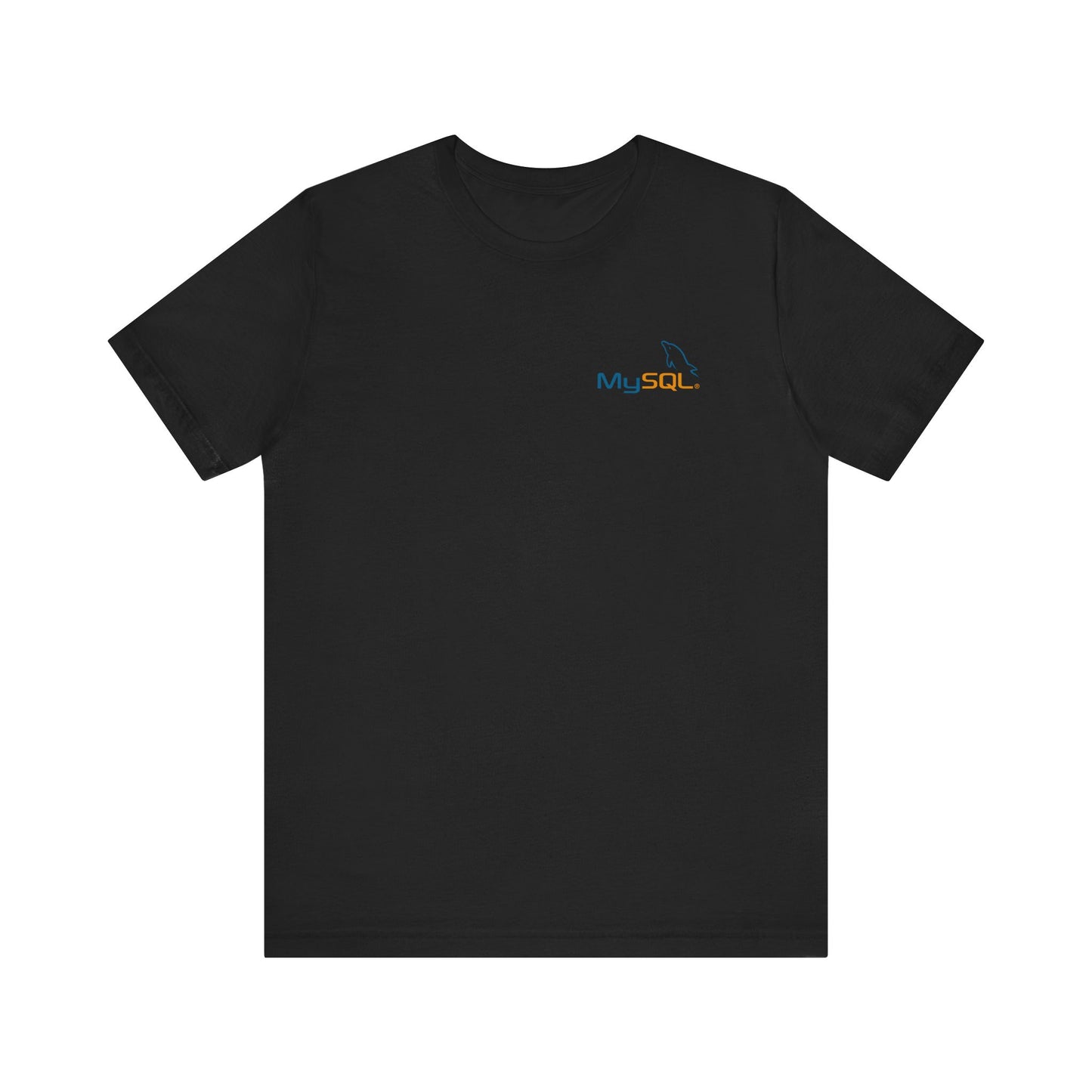 Black t-shirt with MySQL logo on a white background