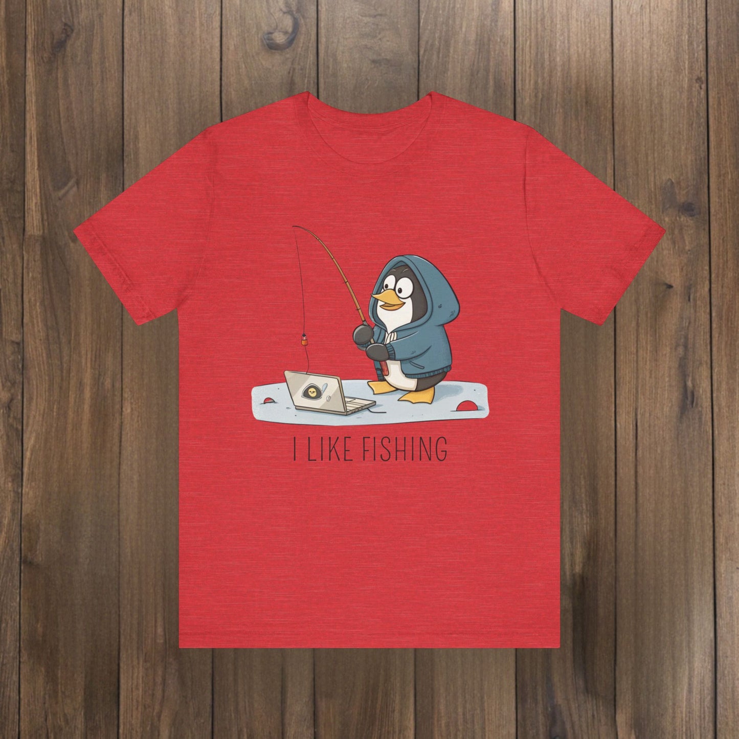 Funny Penguin Tux Fishing Unisex Tee, Short Sleeve T-Shirt, Gift for Techies, Animal Lover Top, Cute Bird Graphic Shirt