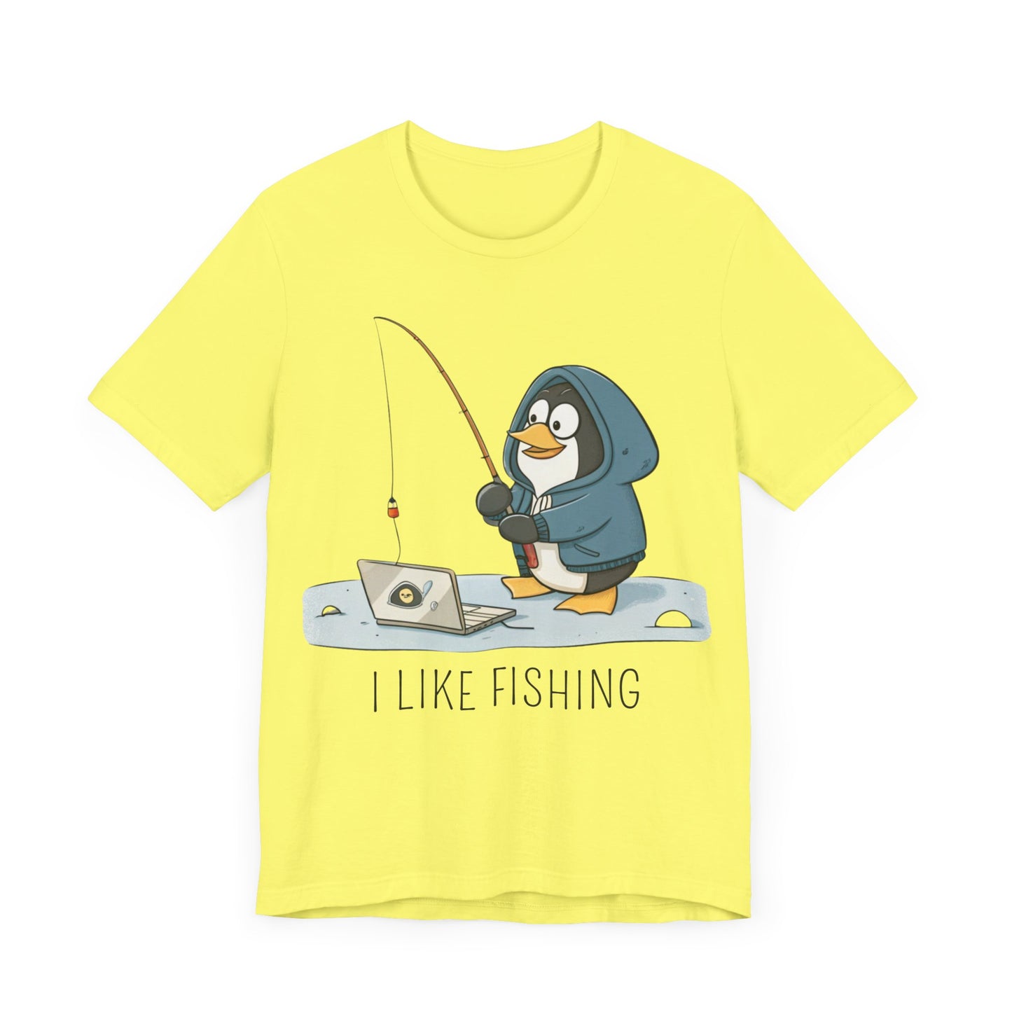 Funny Penguin Tux Fishing Unisex Tee, Short Sleeve T-Shirt, Gift for Techies, Animal Lover Top, Cute Bird Graphic Shirt